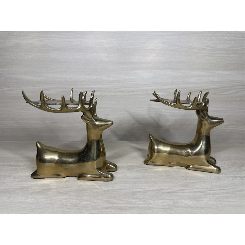 Vintage Brass Reindeer Column Pillar Candle Holders Set 2 Beautiful Heavy Glossy